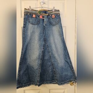 CAbi Denim Maxi Skirt with Floral Pattern & Floral Buttons -Size 6